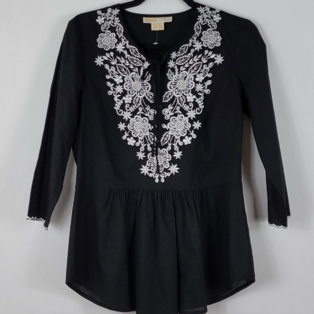 MICHAEL MICHAEL KORS Embroidered Trim Black Casual Blouse Size Small